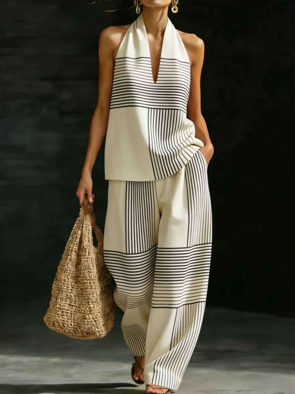 Ivory Black Striped Halter Top & Wide-Leg Pants Set XL - Picture 5 of 5